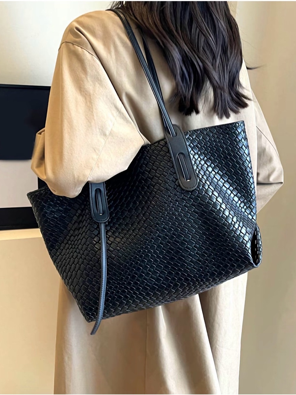 Black Woven Tote Bag with Double Shoulder Straps - Picture 5 of 9